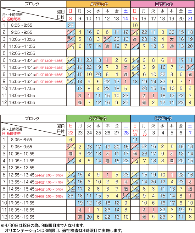 4月学科時限表