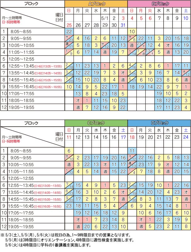 5月学科時限表
