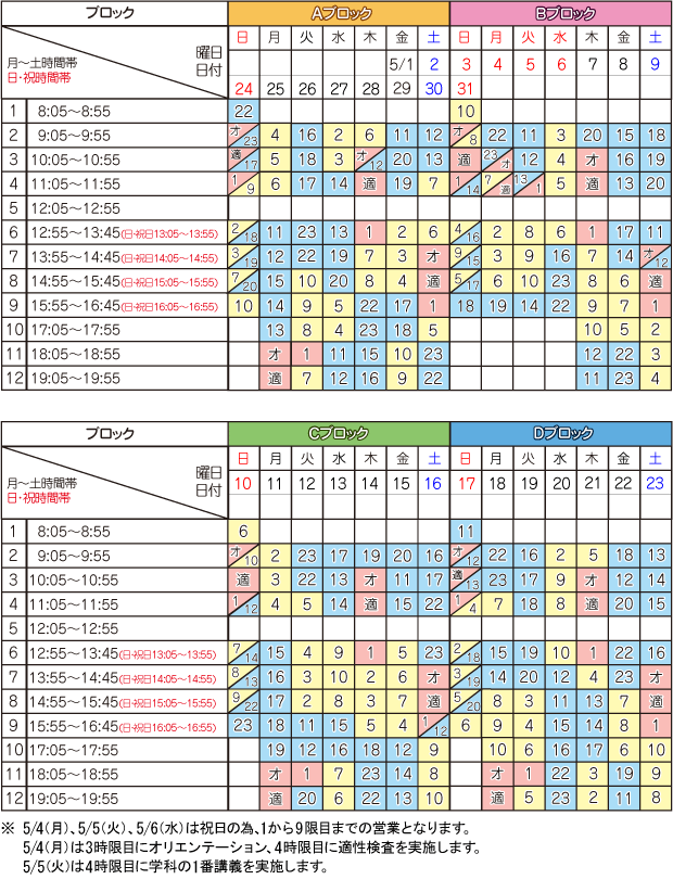 5月学科時限表