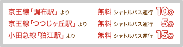 京王線「調布駅」より無料シャトルバス運行10分
京王線「つつじヶ丘駅」より無料シャトルバス運行5分
小田急線「狛江駅」より無料シャトルバス運行15分