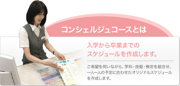 コンシェルジュコースとは　入学から卒業までのスケジュールを作成します。ご希望を伺いながら、学科・技能・検定を組み合せ、一人一人の予定に合わせたオリジナルスケジュールを作成します。