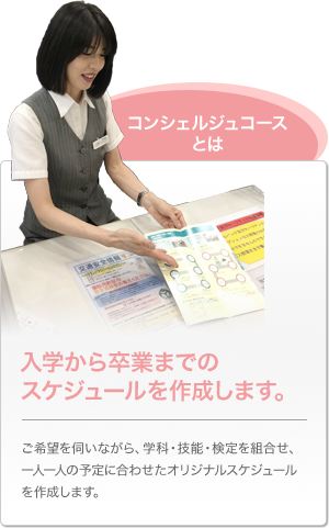 コンシェルジュコースとは　入学から卒業までのスケジュールを作成します。ご希望を伺いながら、学科・技能・検定を組み合せ、一人一人の予定に合わせたオリジナルスケジュールを作成します。